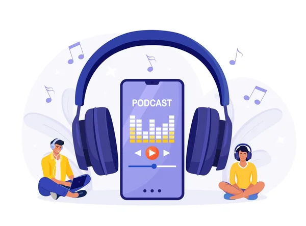 Młodzi Ludzie Słuchawkach Siedzący Podłodze Słuchający Podcastu Smartfonie Online Podcasting — Wektor stockowy