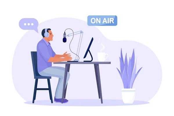 Man Sitting Headphones Microphone Recording Audio Podcast Listening Online Show — Stock Vector