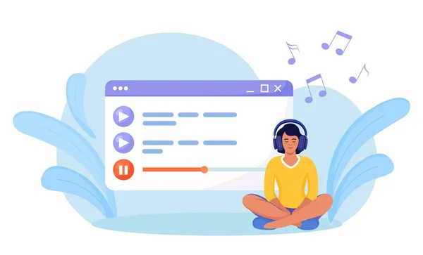 ヘッドフォンで音楽 オーディオやラジオを聞く女性 エンターテイメント デジタル技術 メディアプレーヤー 音楽プレイリスト 女の子のお座り ポッドキャストの選択 プレイリストを楽しんで オンラインポッドキャスト — ストックベクタ