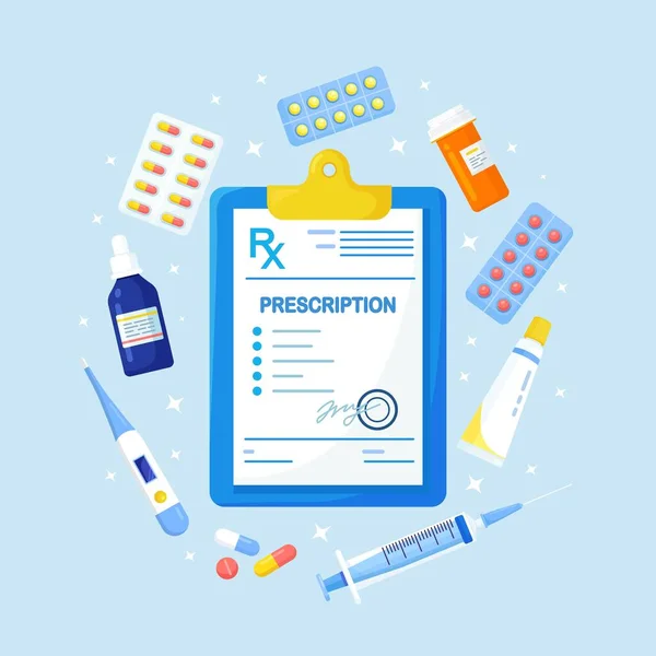Arztrezeptformular Für Medikamente Tabletten Flasche Blasen Mit Kapseln Pharmakologie Pharmazeutische — Stockvektor