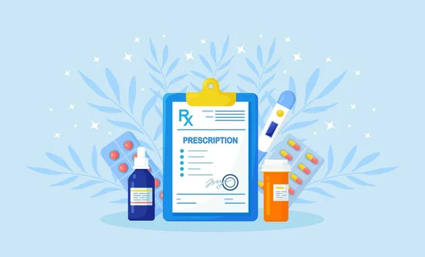 Arztrezeptformular Für Medikamente Tabletten Flasche Blasen Mit Kapseln Pharmakologie Pharmazeutische — Stockvektor