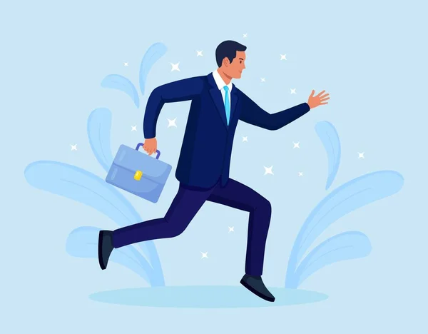 Business Man Briefcase Running Forward Fast Late Business Person Rushing — Stock Vector