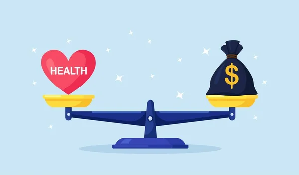 Geld Und Gesundheit Gleichgewicht Gesundheitswesen Wohlstand Auf Der Waage Geldsack — Stockvektor