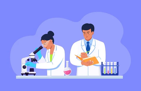 Laboratuvarda Mikroskopla Kimyasal Araştırmalar Mikrobiyolojik Analizler Tıbbi Testler Yapan Genç — Stok Vektör