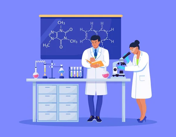 Fiatal Női Tudós Aki Mikroszkóppal Vizsgálódik Egy Laboratóriumban Kémiai Kutatást — Stock Vector