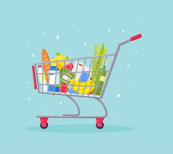 スーパーマーケットのカート 新鮮な食料品 健康食品 商品でいっぱいのショッピングトロリー — ストックベクタ