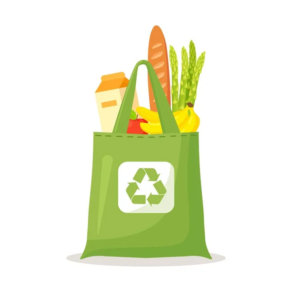 Reusable Cloth Eco Bags Full Grocery Products Healthy Food Plastic — Stock Vector