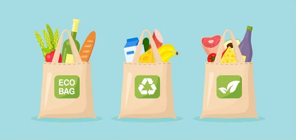 Újrahasznosítható Ruhazsák Tele Élelmiszerekkel Egészséges Ételekkel Nincs Műanyag Zacskó Használja — Stock Vector