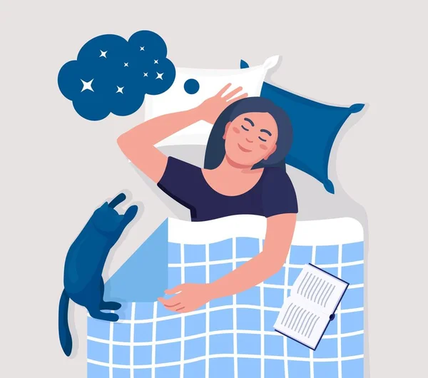 女人晚上和书和猫睡在一起女孩睡在被褥下的枕头上 睡个好觉放松一下休息的时间和舒适的放松 — 图库矢量图片