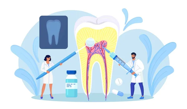 Los Dentistas Limpian Tratan Grandes Dientes Poco Saludables Con Caries — Archivo Imágenes Vectoriales