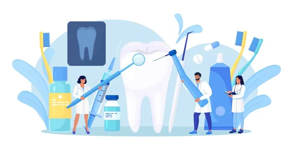 歯医者は虫歯で大きな不健康な歯を掃除して治療します 歯痛だ 血液学歯の概念 検査や治療のためのプロの楽器を持つ医師 歯医者の予約 — ストックベクタ