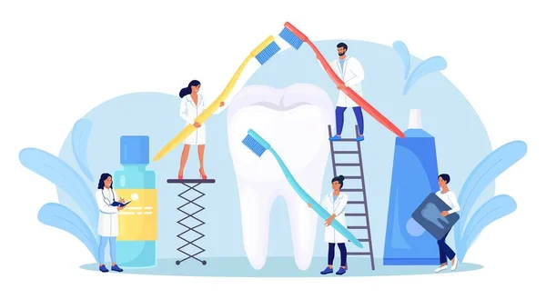 Estomatología Odontología Pequeños Dentistas Pie Alrededor Los Dientes Grandes Limpieza — Archivo Imágenes Vectoriales
