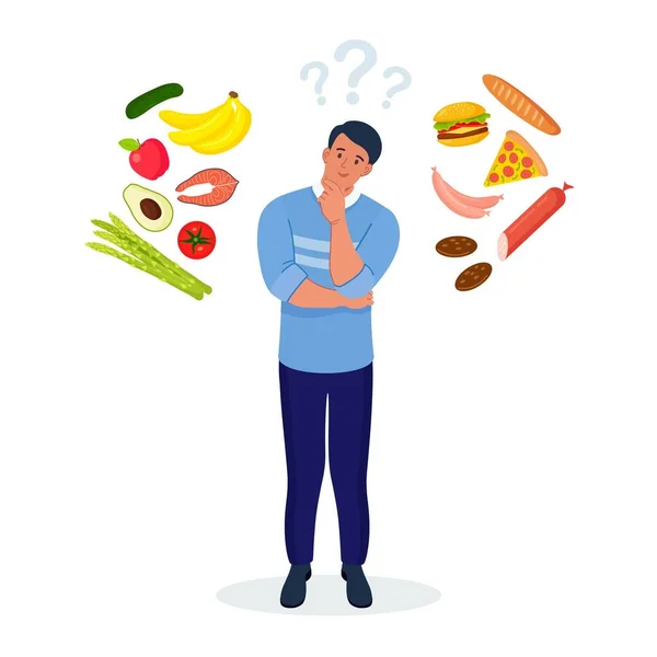 Man Choosing Healthy Unhealthy Food Fast Food Balanced Menu Comparison — Stock Vector