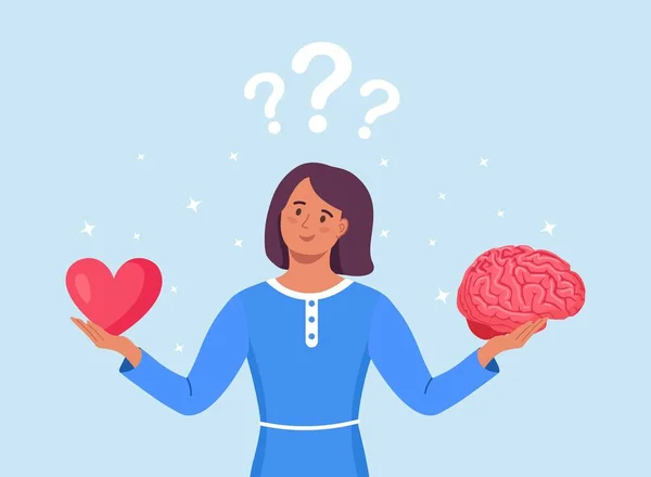 Une Jeune Femme Tient Cerveau Cœur Entre Les Mains Choisir — Image vectorielle