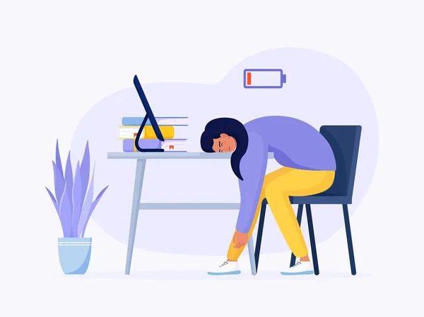 Síndrome Burnout Profesional Chica Agotada Trabajadora Cansada Sentada Lugar Trabajo — Vector de stock