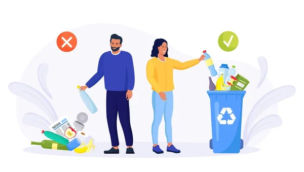 Çöp Atmanın Doğru Yanlış Örnekleri Çöpleri Çöpleri Konteynırları Karıştıran Kişi — Stok Vektör