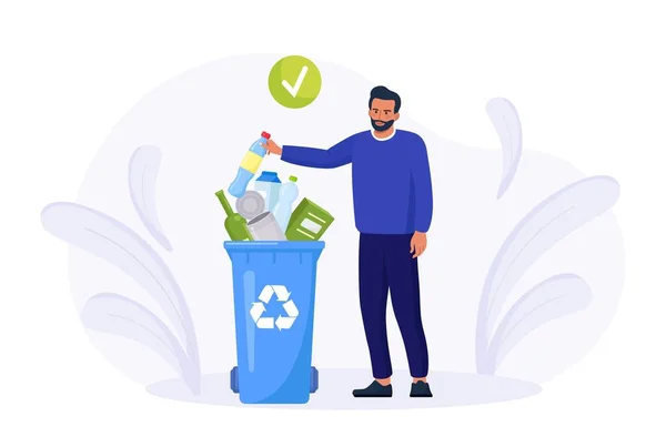 Çöp Kutusuna Çöp Atan Kişi Geri Dönüşüm Işaretli Çöp Tenekesi — Stok Vektör