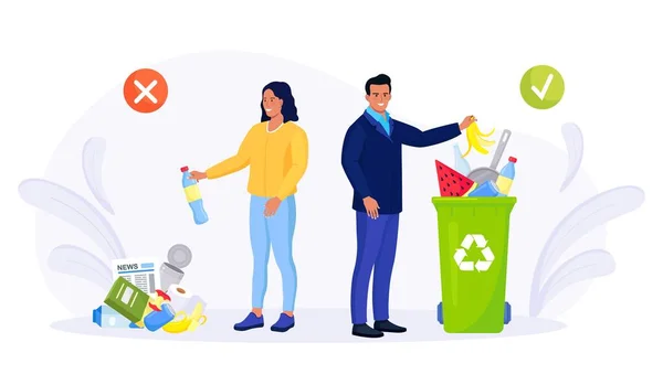 Çöp Atmanın Doğru Yanlış Örnekleri Çöpleri Çöpleri Konteynırları Karıştıran Kişi — Stok Vektör