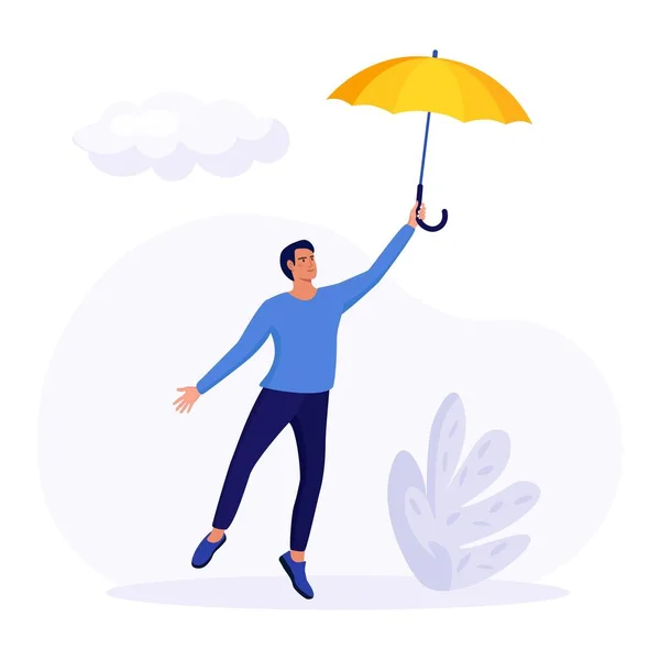 Lycklig Man Med Gult Paraply Går Regn — Stock vektor