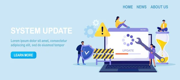 Atualização Sistema Pequenos Programadores Atualizando Sistema Operacional Especialistas Atualizando Software — Vetor de Stock