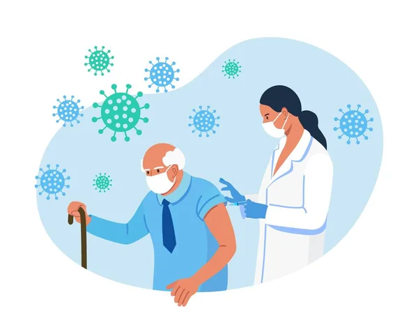 Doktore Sestra Dává Koronavirovou Vakcínu Staršímu Muži Staří Lidé Očkování — Stockový vektor