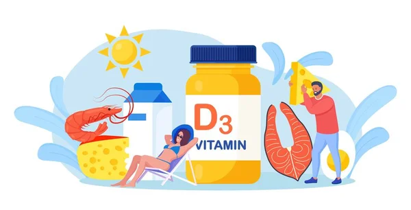 维生素D 带着鱼 维生素 鸡蛋的小个子人 妇女日光浴和使用食物补充剂以减少营养不良 福利和健康 — 图库矢量图片