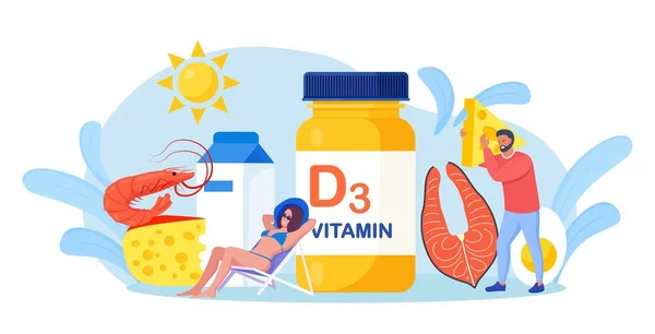 Vitamini Balıklı Vitaminli Peynirli Sütlü Karidesli Yumurtalı Kadın Güneş Banyosu — Stok Vektör