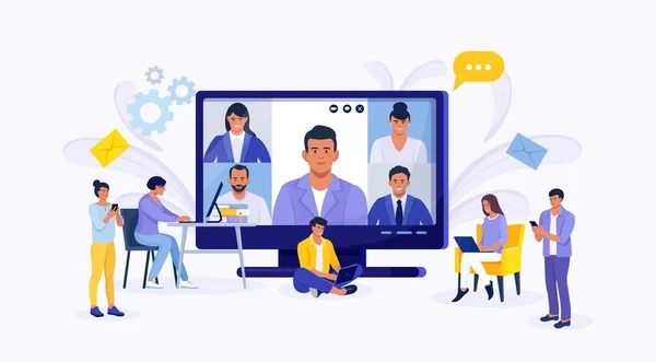 Online Videokonference Kolegové Spolu Mluví Obrazovce Počítače Malí Lidé Learning — Stockový vektor