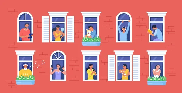 窓に隣人や犬と家の外壁 幸せな男性と女性のアパートを読んで 写真を撮る 電話でチャットを見て 音楽を聞いて 家にいて日常生活で — ストックベクタ