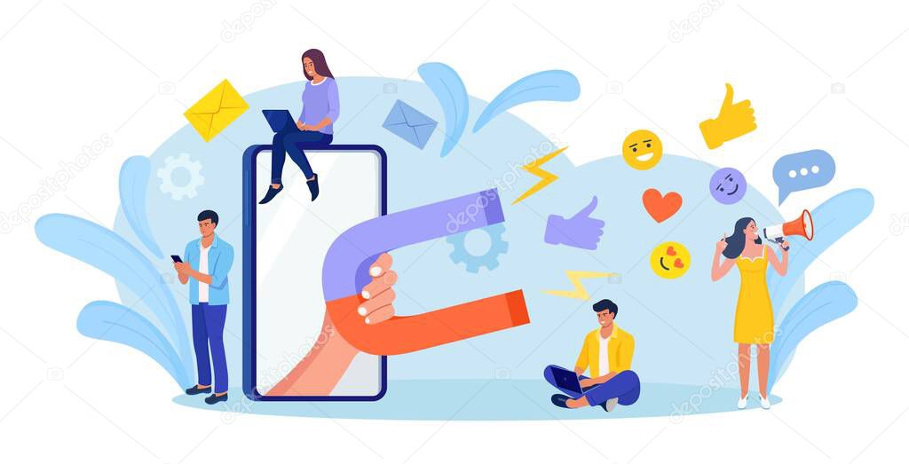 Big magnet attracts likes, good reviews, rating, followers. Social influencer. Media content to grab feedback from audience. Lead generation. Satisfaction and loyalty analysis. Attracting customers
