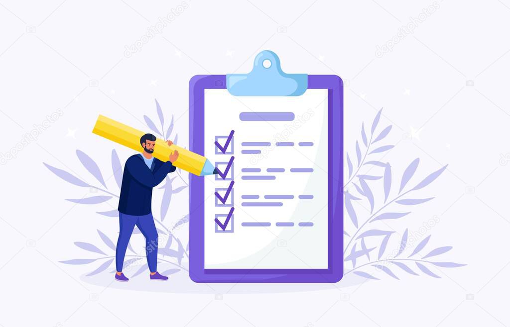 Man is standing near large to do list and filling out checkbox. Plan fulfilled, task completed. Month planning, time management. Daily checklist