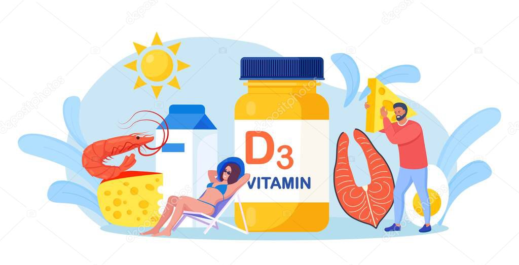 Vitamin D. Tiny people with fish, bottle of vitamins, cheese, milk, shrimp, eggs. Woman sunbathing and using food supplements for deficiency reduction. Wellbeing and health
