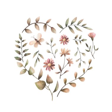 Bitkilerden yapılmış bir kalp. Kalp şeklinde bitki örtüsü çizmek. Suluboya bitkiler ve çiçekler.