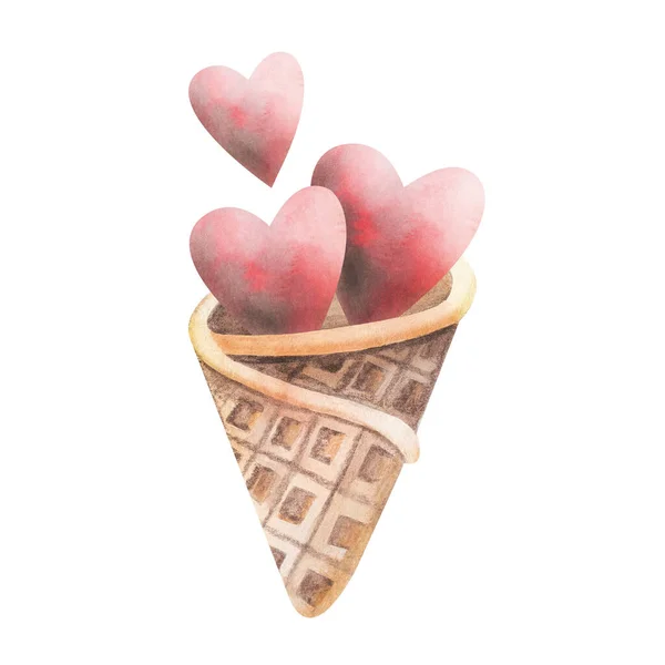 水彩画中的华夫锥花 用心脏画一个冰淇淋 一个涂了奶油的华夫饼筒 — 图库照片