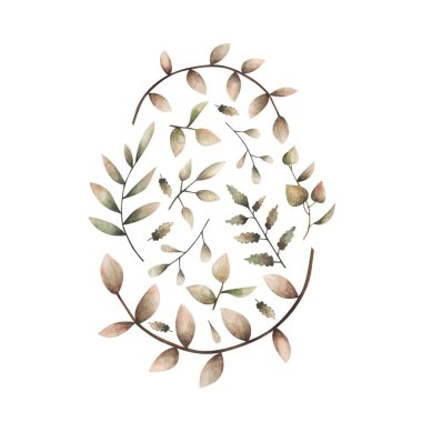 Bitkilerden yumurtalar. Beyaz arka planda yumurta şeklinde bir bitki örtüsü çizimi. Suluboya bitkiler.