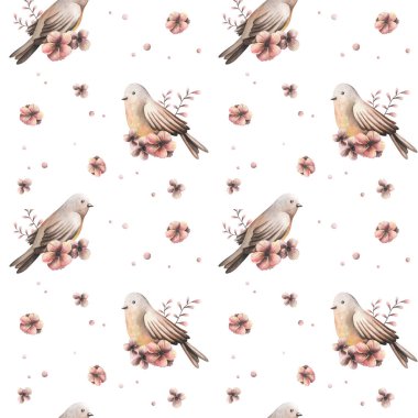 Boyalı kuşlar ve çiçekler. Kusursuz kuş deseni, pembe çiçekler ve bitkiler..