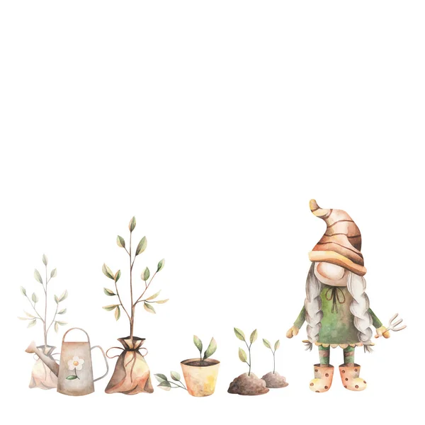 Drawing of a garden gnome girl with seedlings and a tree. A painted gnome with plants