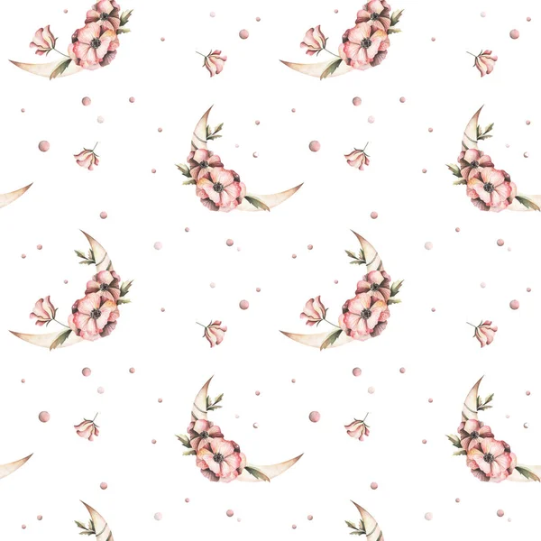 Rózsaszín Virágok Lenyomatai Egy Félhold Tetején Szendvicsek Rajzolása Fehér Alapon — Stock Fotó
