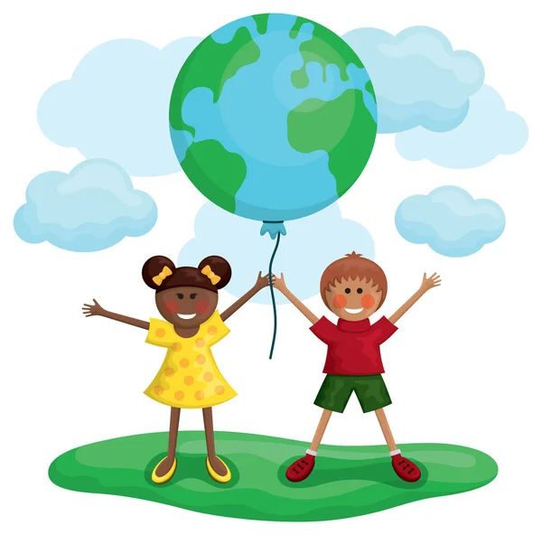 Dünya balonunu tutan mutlu çocuklar.