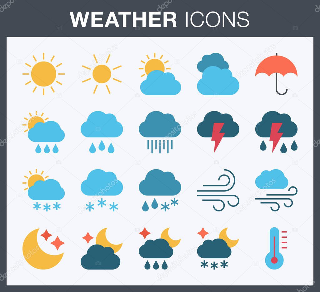 Set of flat style colorful weather forecast icons.