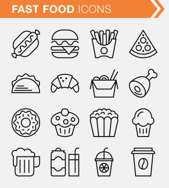 Mükemmel ince çizgi üzerinde fast food ikonları..