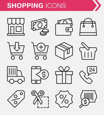 Bir dizi ince çizgi pikseli mükemmel e-ticaret ve alışveriş ikonları.