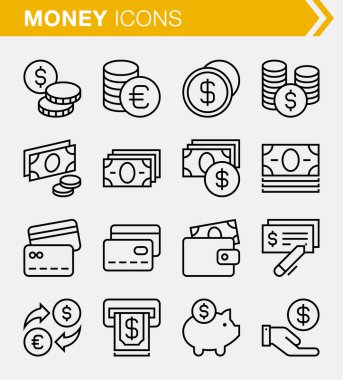 Piksel kümesi mükemmel ince çizgi para simgeleri.