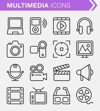 Kusursuz ince çizgi multimedya simgeleri kümesi.