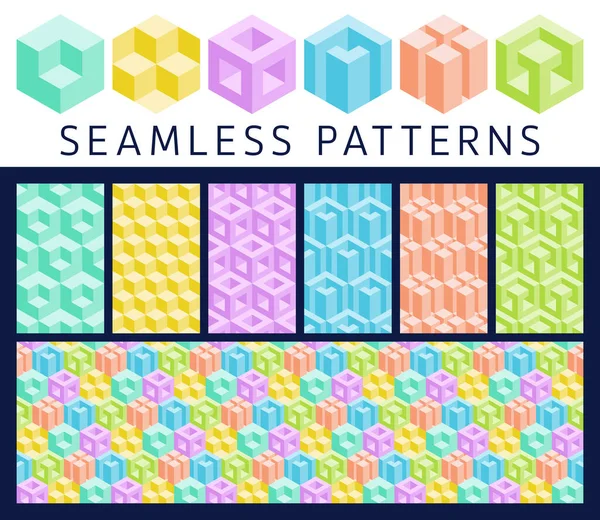 Set van 3D geometrische naadloze elementen en patronen. Isometrische optische illusie trendy achtergronden. — Stockvector