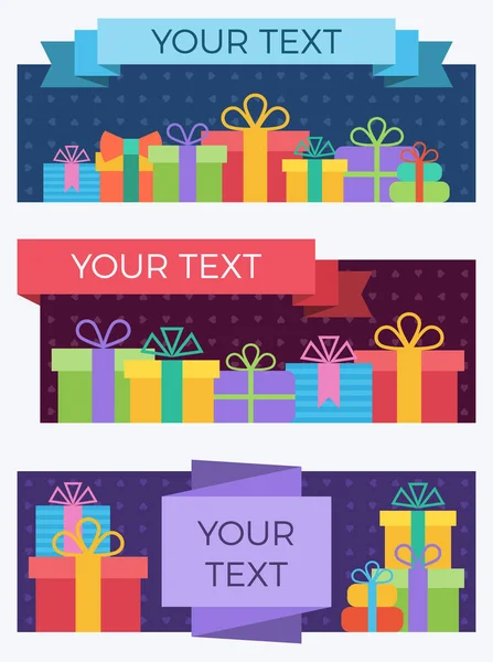 Set vlakke banners met geschenkdozen. — Stockvector