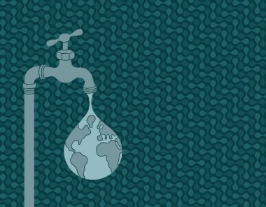 Dünya 'daki su sızdıran musluk dünya küresi gibi. Hava durumu, çevre ve dünya konseptinde su eksikliği. Vektör illüstrasyonu.