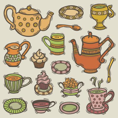 Çay fincanları, çaydanlıklar, şeker kasesi, süt sürahisi, tabaklar, çörekler ve kaşıklarla el yapımı çay seti.. 