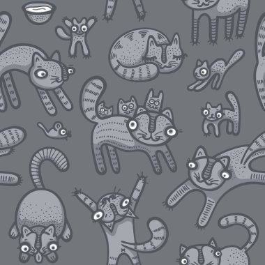 Elle çizilmiş sevimli kediler kusursuz bir arka plan. Yaratıcı gri pati deseni.