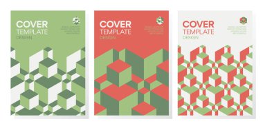 Moda soyut izometrik 3D optik yanılsama geometrik şekiller kümesi kapak tasarımı. 